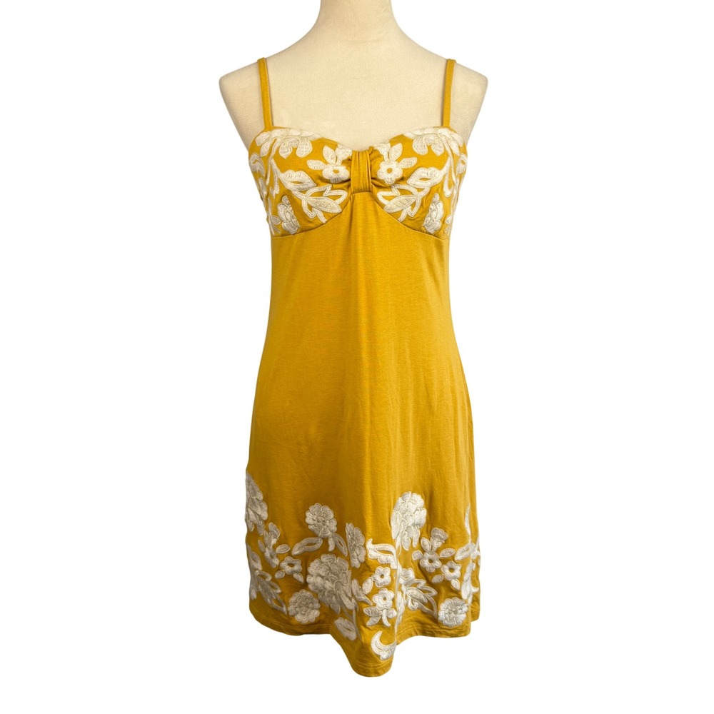 Mustard Yellow Floral Embroidered Sun Dress Medium Bohemian Vacation Resortwear